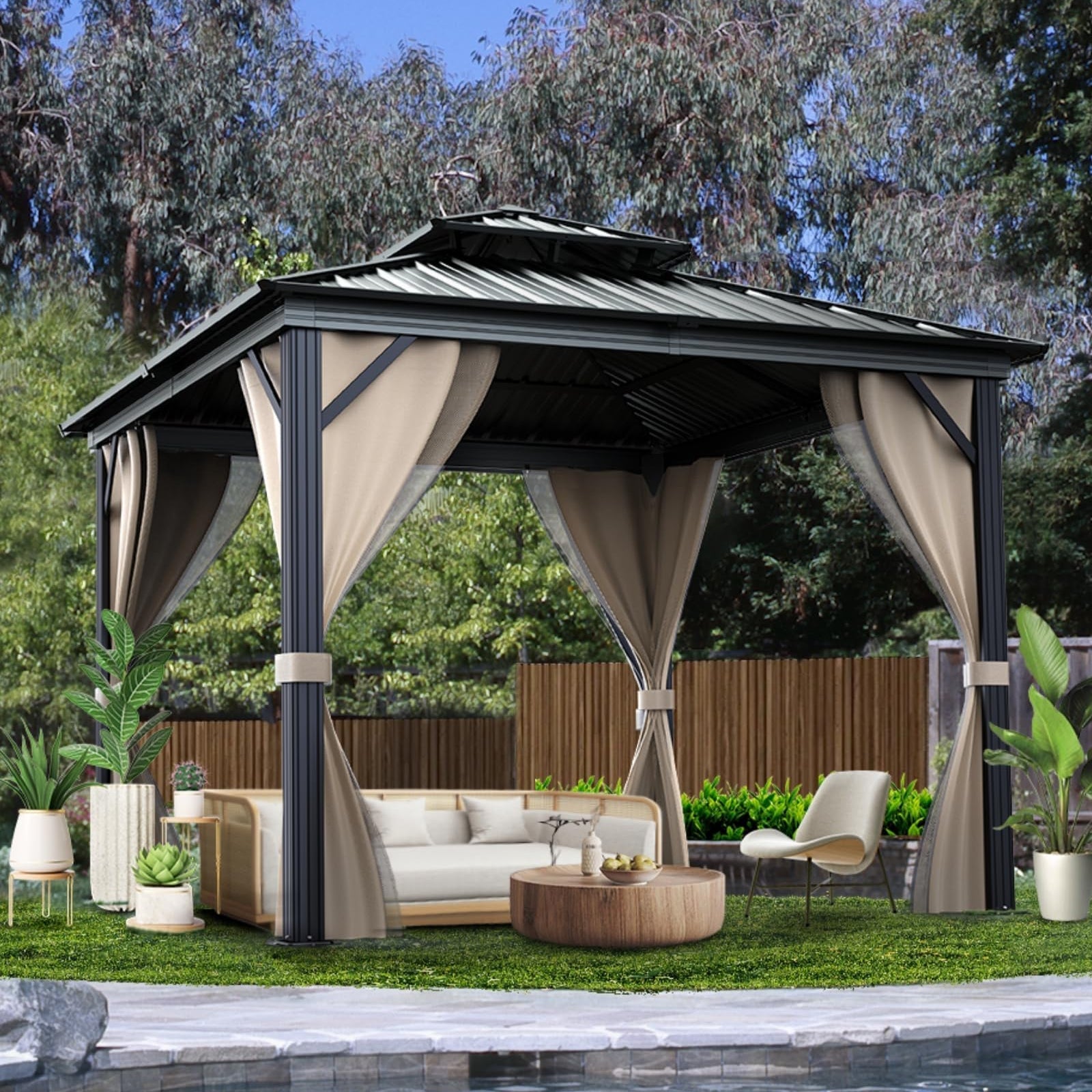10x10 Hardtop Gazebo with double metal roof, aluminum frame, net, and curtain. All - weather, ideal for patio, deck, garden, backyard. Khaki.QuantumX Chargers