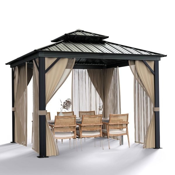 10x10 Hardtop Gazebo with double metal roof, aluminum frame, net, and curtain. All - weather, ideal for patio, deck, garden, backyard. Khaki.QuantumX Chargers