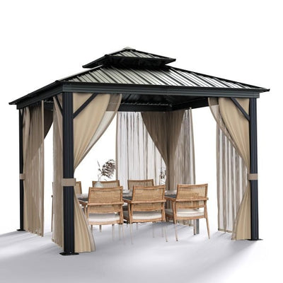 10x10 Hardtop Gazebo with double metal roof, aluminum frame, net, and curtain. All - weather, ideal for patio, deck, garden, backyard. Khaki.QuantumX Chargers