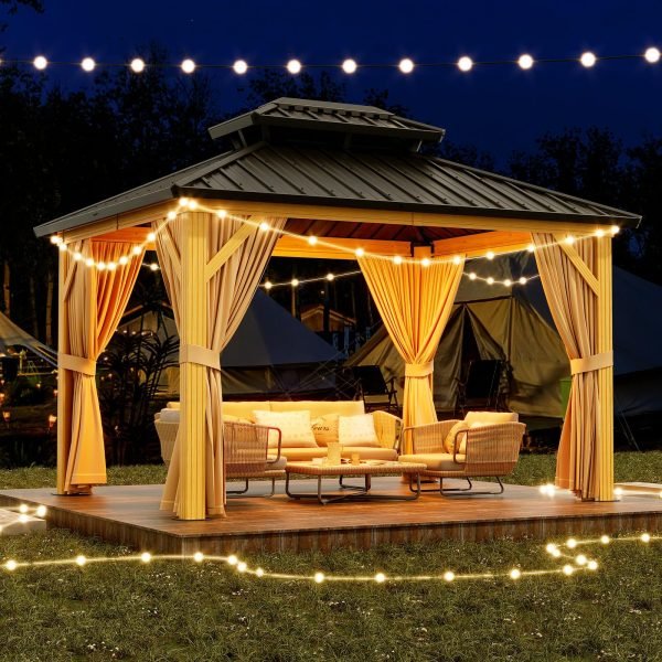 10X13 FT Outdoor Galvanised Steel Hardtop Gazebo, Heavy Duty Double Roof Outdoor Gazebo with Netting and Sunshade Curtains, Aluminium Framed Gazebo for Patio, Terrace, Lawn and Deck, KhakiQuantumX Chargers