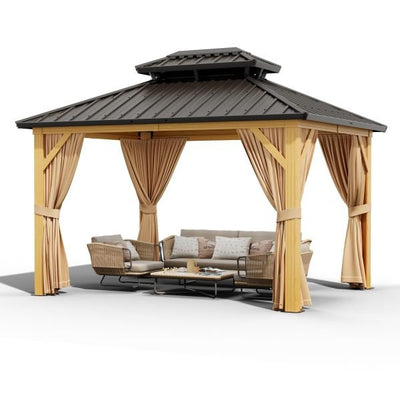 10X13 FT Outdoor Galvanised Steel Hardtop Gazebo, Heavy Duty Double Roof Outdoor Gazebo with Netting and Sunshade Curtains, Aluminium Framed Gazebo for Patio, Terrace, Lawn and Deck, KhakiQuantumX Chargers