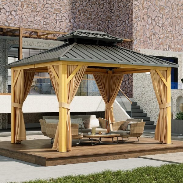 10X13 FT Outdoor Galvanised Steel Hardtop Gazebo, Heavy Duty Double Roof Outdoor Gazebo with Netting and Sunshade Curtains, Aluminium Framed Gazebo for Patio, Terrace, Lawn and Deck, KhakiQuantumX Chargers