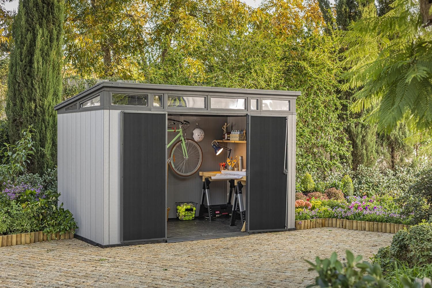 11x7 Modern Resin Outdoor Storage Shed Kit - Perfect to Store Patio Furniture, Garden Tools Bike Accessories, Beach Chairs and Lawn Mower, Grey & BlackQuantumX Chargers