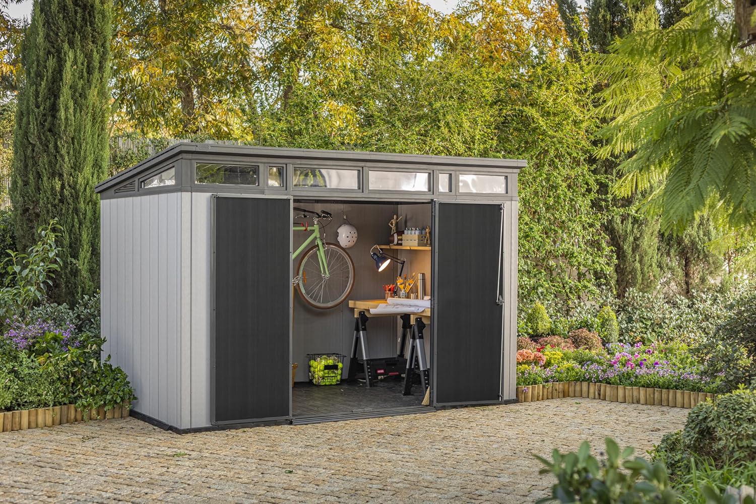 11x7 Modern Resin Outdoor Storage Shed Kit - Perfect to Store Patio Furniture, Garden Tools Bike Accessories, Beach Chairs and Lawn Mower, Grey & BlackQuantumX Chargers