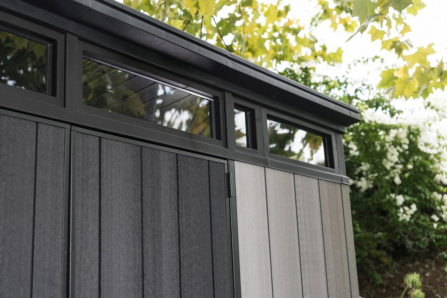 11x7 Modern Resin Outdoor Storage Shed Kit - Perfect to Store Patio Furniture, Garden Tools Bike Accessories, Beach Chairs and Lawn Mower, Grey & BlackQuantumX Chargers
