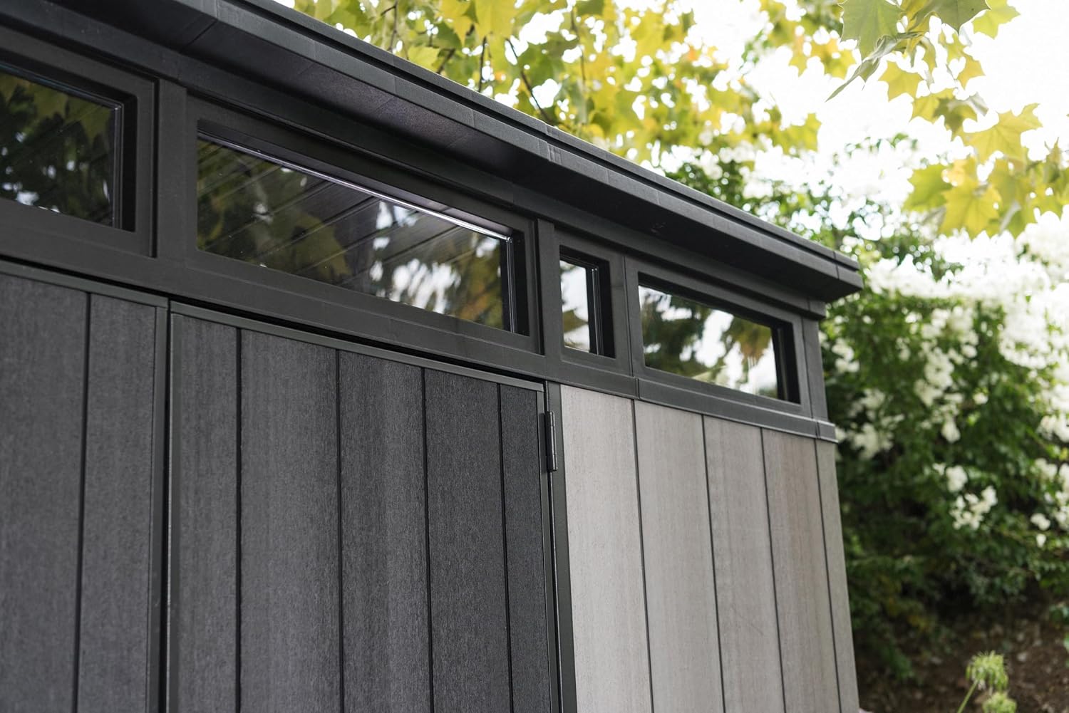11x7 Modern Resin Outdoor Storage Shed Kit - Perfect to Store Patio Furniture, Garden Tools Bike Accessories, Beach Chairs and Lawn Mower, Grey & BlackQuantumX Chargers