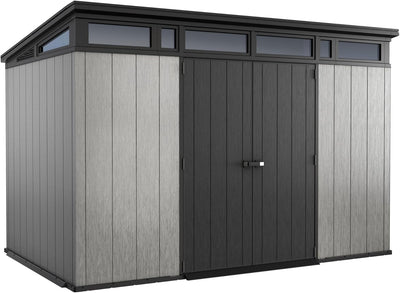 11x7 Modern Resin Outdoor Storage Shed Kit - Perfect to Store Patio Furniture, Garden Tools Bike Accessories, Beach Chairs and Lawn Mower, Grey & BlackQuantumX Chargers