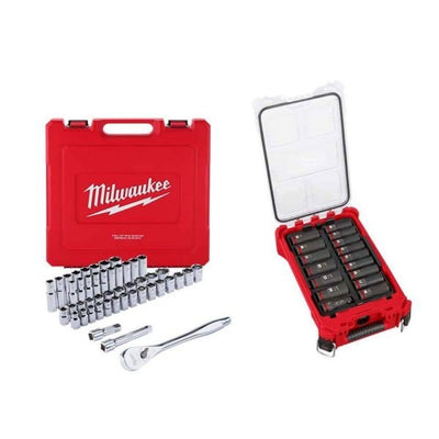 1/2 in. Drive SAE/Metric Ratchet Socket Tool Set 1/2 in. Drive Metric Deep Well PACKOUT Impact Socket Set (63 - Piece)QuantumX Chargers