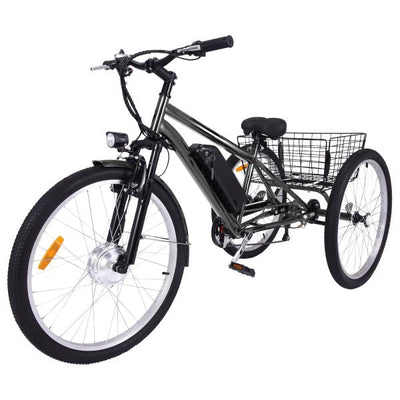 26 Inch Adult 3 Wheel Electric Tricycle with Basket, Fat Tires,7 Speeds,350W Powerful Motor, 36V 10Ah Removable Battery Dark GrayQuantumX Chargers