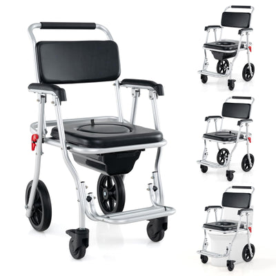 4 in 1 Shower Commode Wheelchair, 330lbs Foldable Bedside Commode Chair for Toilet with ArmsQuantumX Chargers