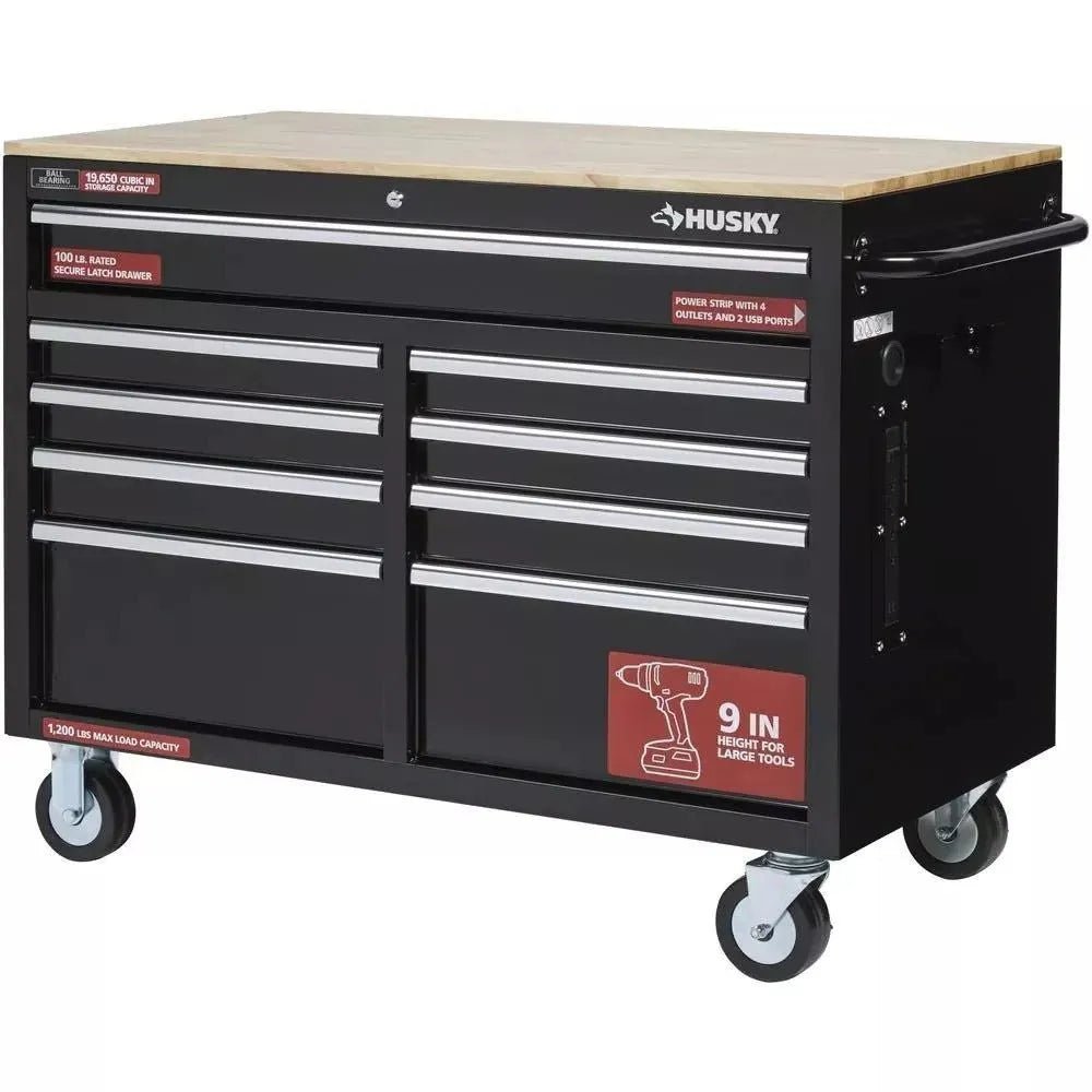 46 in. W x 24 in. D 9 - Drawer Gloss Black Deep Tool Chest Mobile WorkbenchQuantumX Chargers