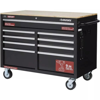 46 in. W x 24 in. D 9 - Drawer Gloss Black Deep Tool Chest Mobile WorkbenchQuantumX Chargers