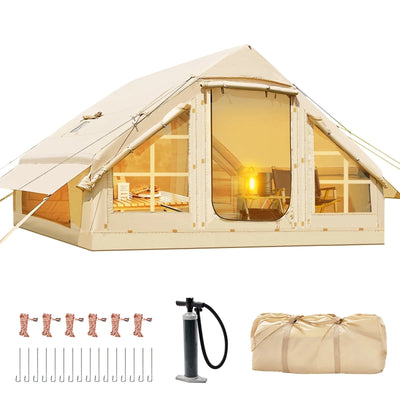 6 Person Inflatable Camping Tent with Pump, 10ft x7ft Glamping Family Tent Easy Setup 4 Season Waterproof Windproof Outdoor Blow Up Tent Luxury Oxford Cabin with Mesh Windows & DoorsQuantumX Chargers