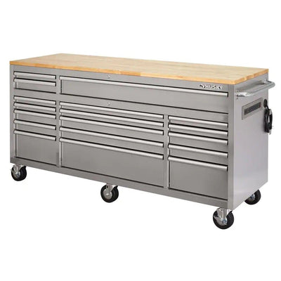 72 in 18 - Drawer 24 in. D Mobile Workbench with Solid Wood Top Stainless SteelQuantumX Chargers