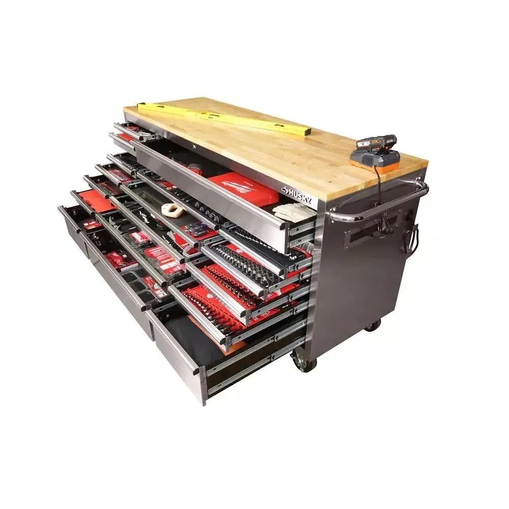 72 in. 18 - Drawer 24 in. D Mobile Workbench with Solid Wood Top Stainless SteelQuantumX Chargers