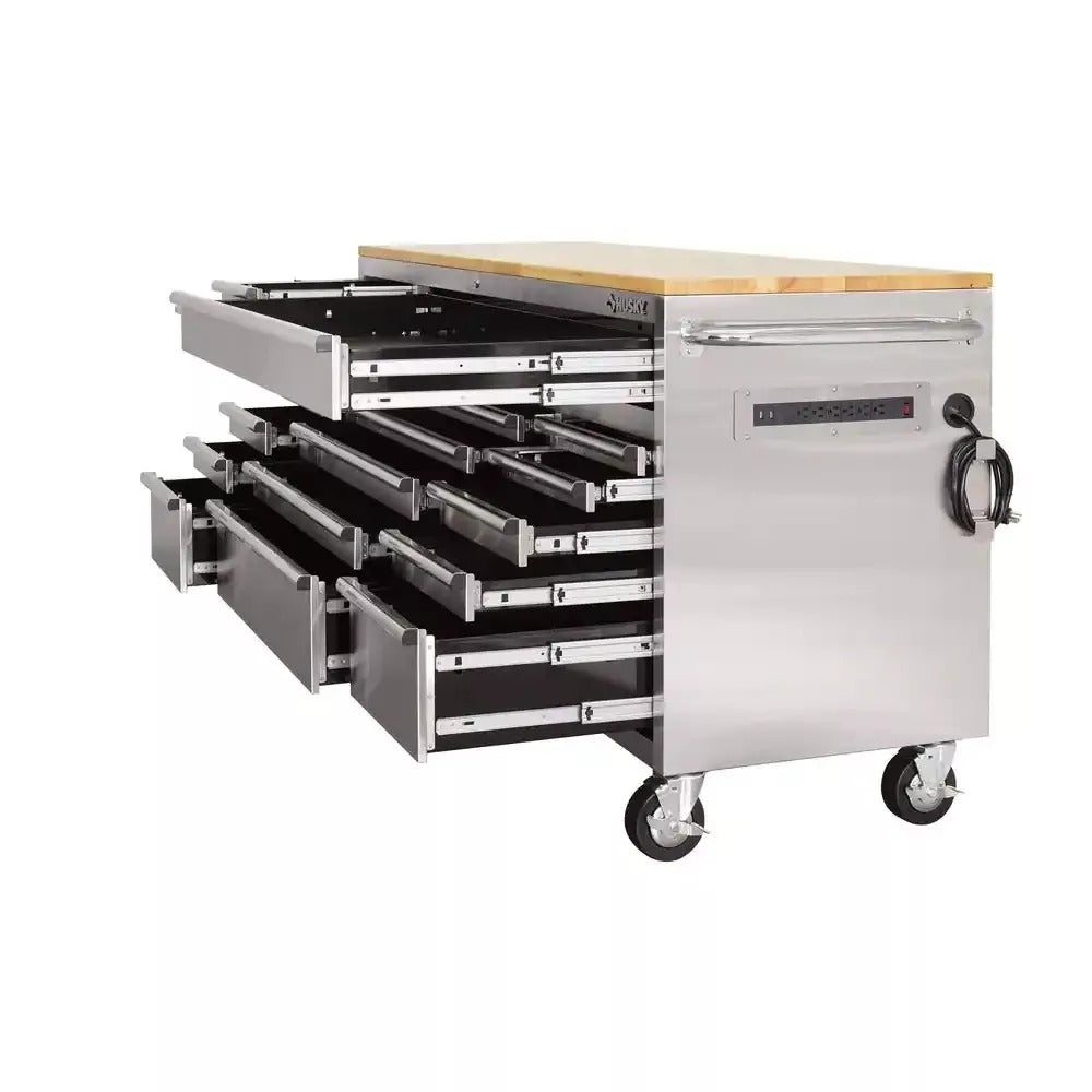 72 in 18 - Drawer 24 in. D Mobile Workbench with Solid Wood Top Stainless SteelQuantumX Chargers