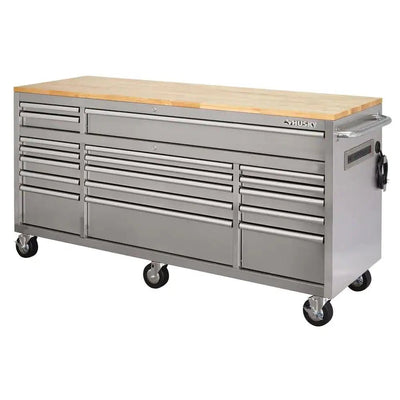 72 in. 18 - Drawer 24 in. D Mobile Workbench with Solid Wood Top Stainless SteelQuantumX Chargers