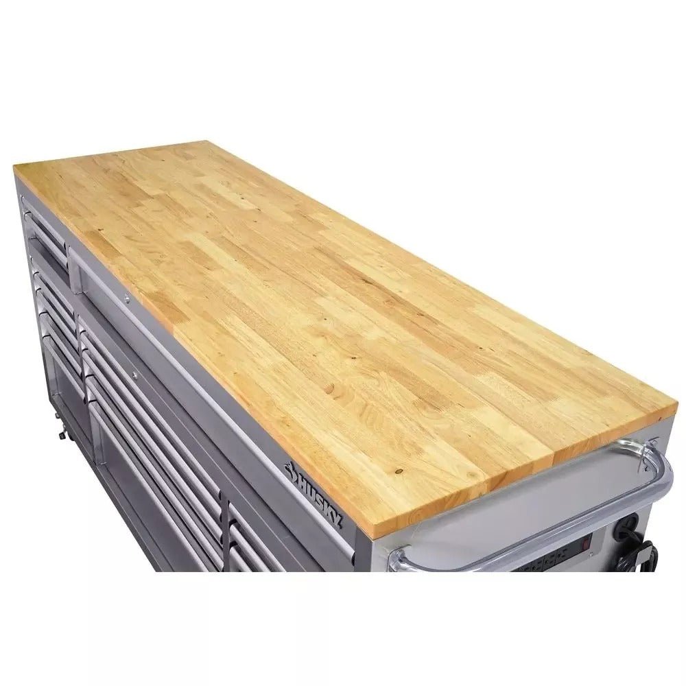 72 in. 18 - Drawer 24 in. D Mobile Workbench with Solid Wood Top Stainless SteelQuantumX Chargers