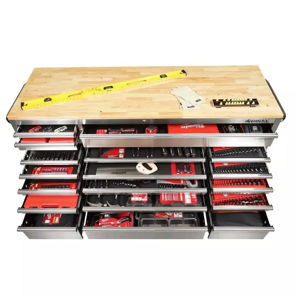 72 in. 18 - Drawer 24 in. D Mobile Workbench with Solid Wood Top Stainless SteelQuantumX Chargers