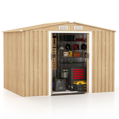 8' x 6' Woodgrain Outdoor Storage Shed, Galvanized Metal Tool House Organizer w/Base Floor, 4 VentsQuantumX Chargers