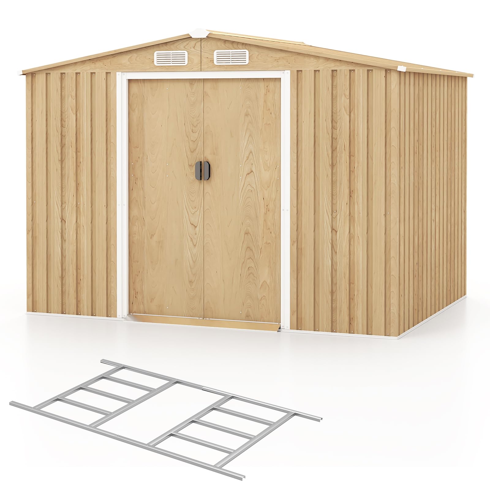 8' x 6' Woodgrain Outdoor Storage Shed, Galvanized Metal Tool House Organizer w/Base Floor, 4 VentsQuantumX Chargers