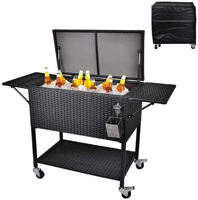 80 Quart Rattan Rolling Cooler Cart, Portable Wicker Cooler Trolley, Backyard Party Drink Beverage BarQuantumX Chargers