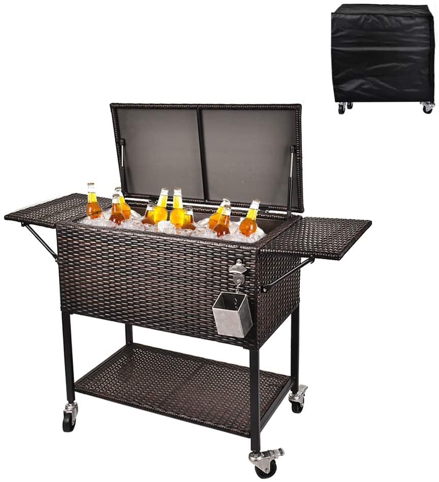 80 Quart Rattan Rolling Cooler Cart, Portable Wicker Cooler Trolley, Backyard Party Drink Beverage BarQuantumX Chargers
