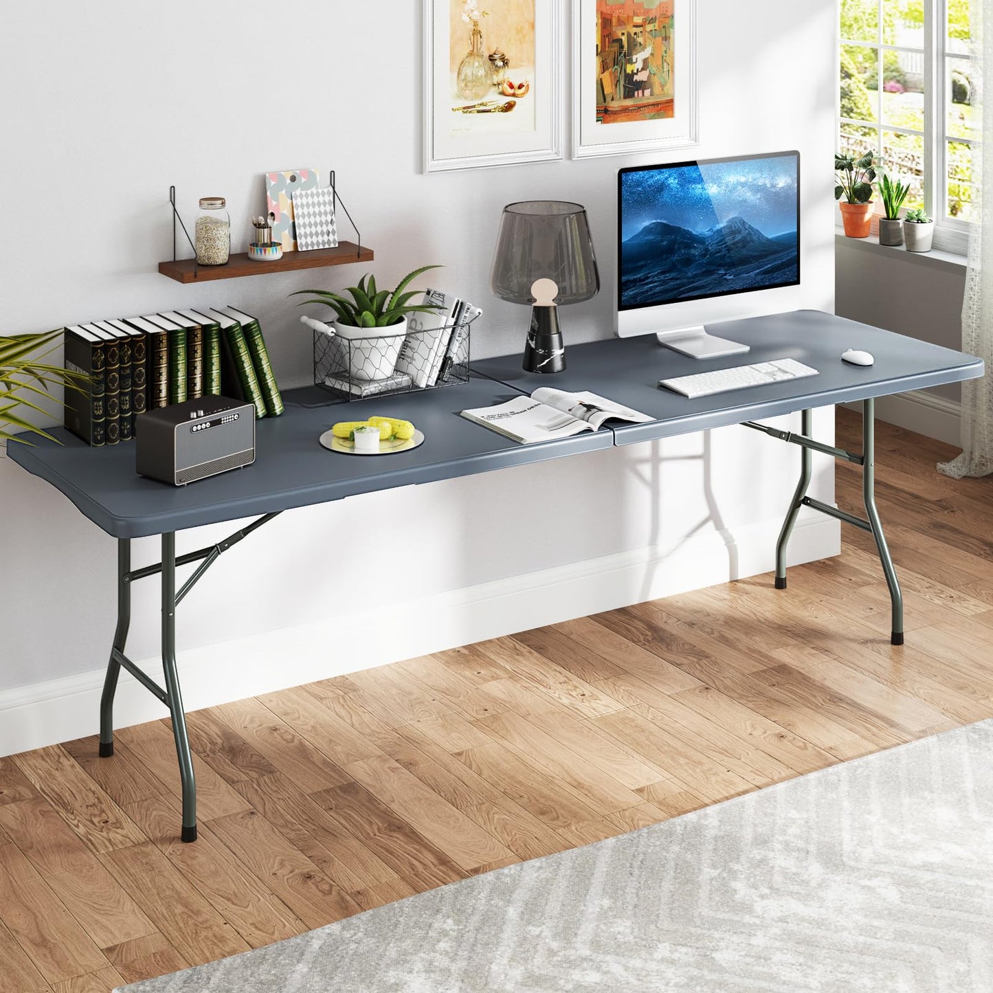 8ft Plastic Folding Table, 350 LBS Outdoor Heavy Duty Folding Tables with HDPE Tabletop, HandleQuantumX Chargers