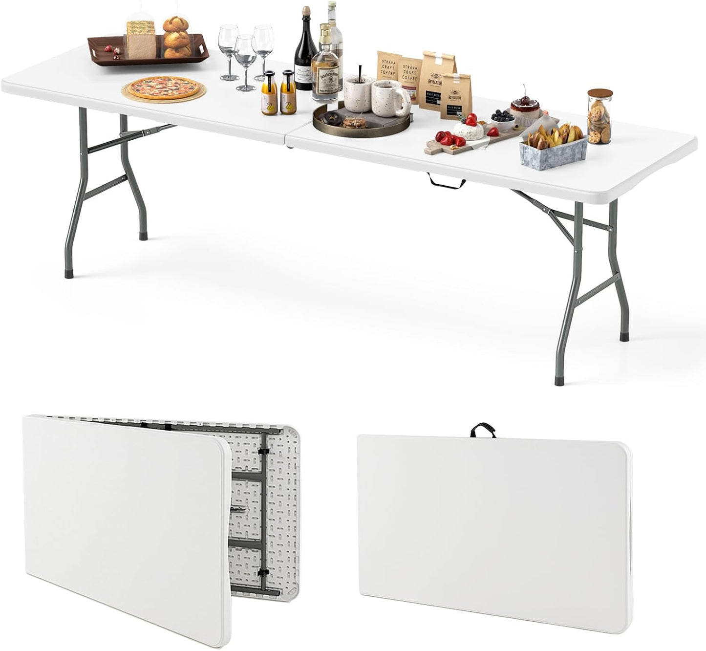 8ft Plastic Folding Table, 350 LBS Outdoor Heavy Duty Folding Tables with HDPE Tabletop, HandleQuantumX Chargers