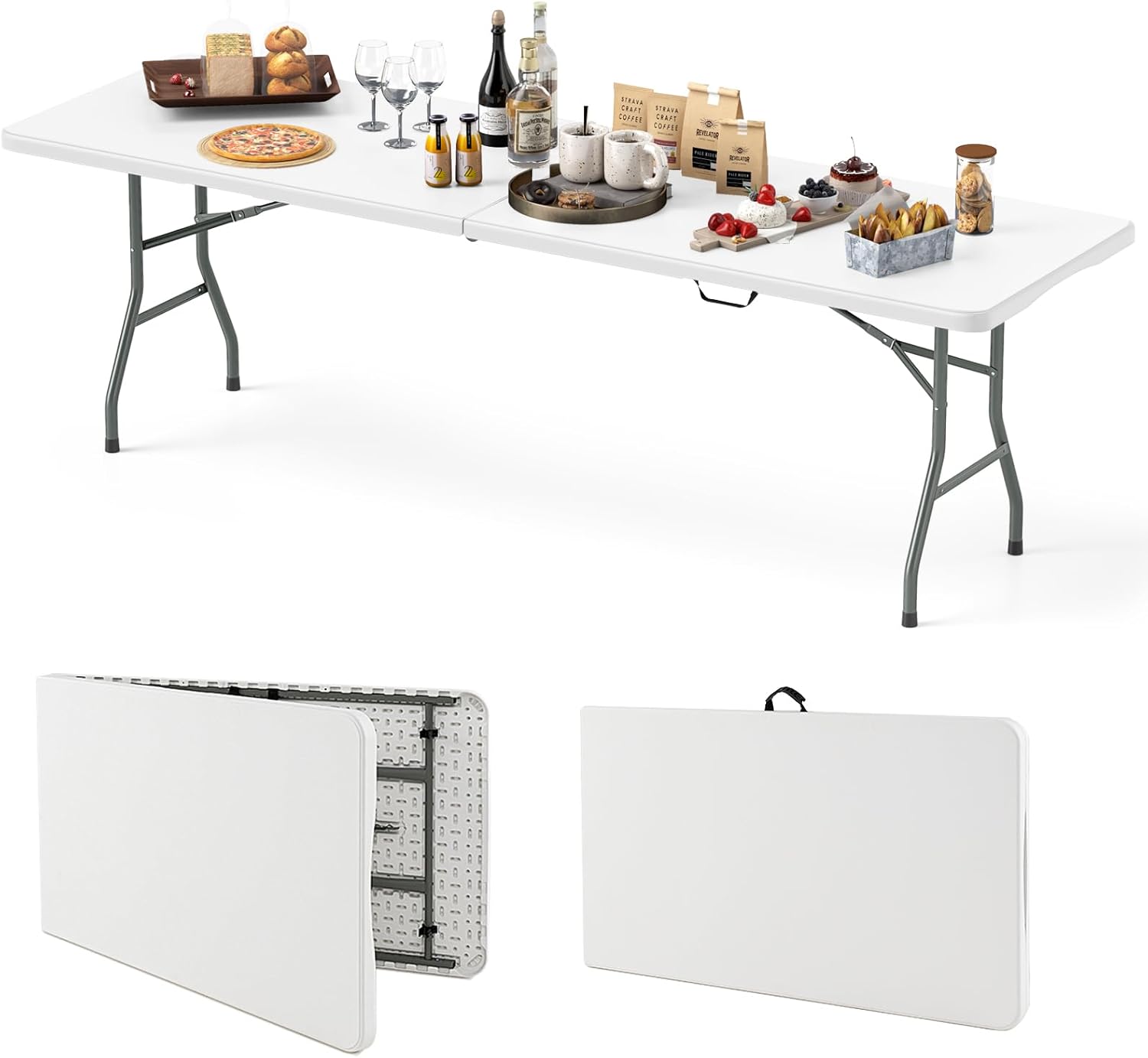 8ft Plastic Folding Table, 350 LBS Outdoor Heavy Duty Folding Tables with HDPE Tabletop, HandleQuantumX Chargers