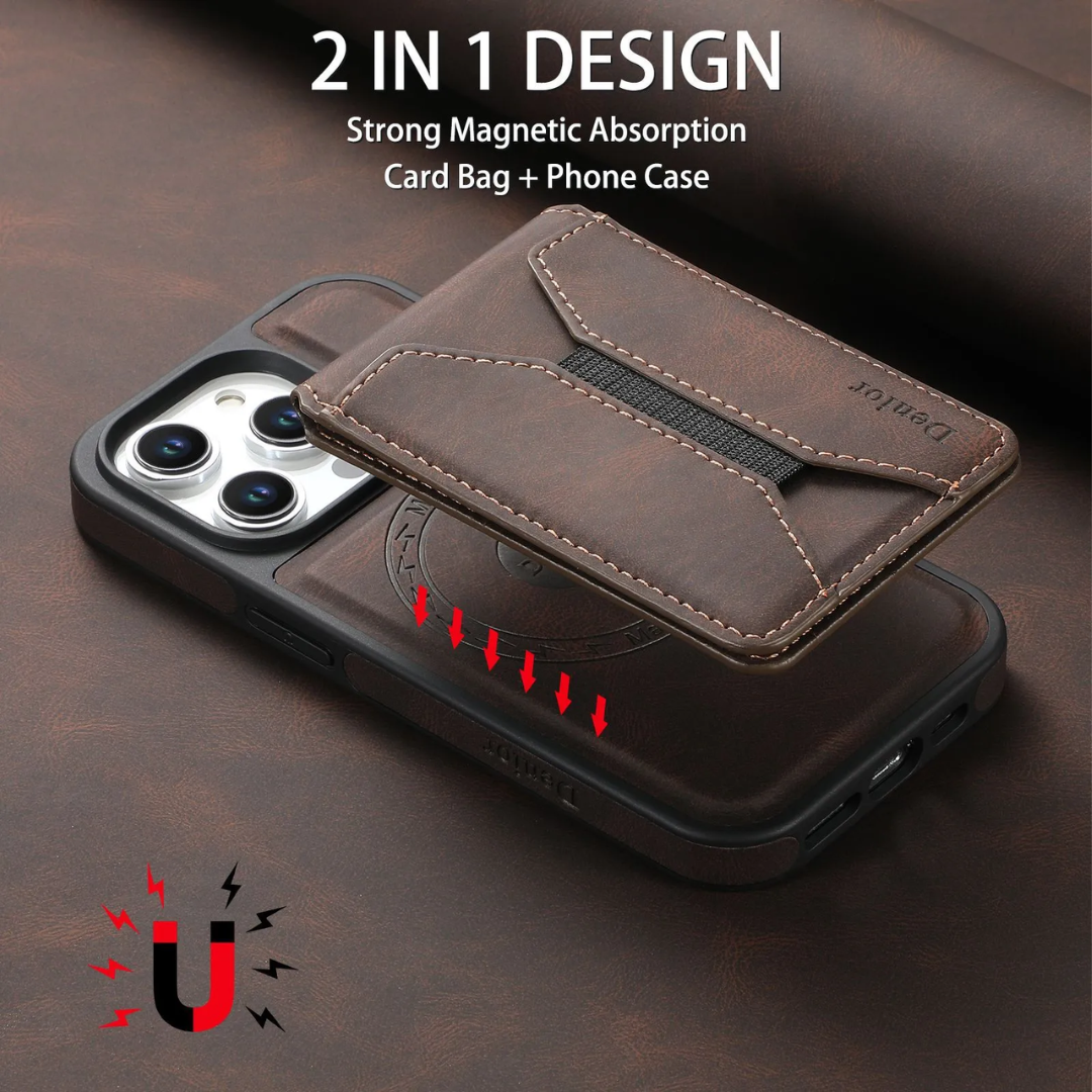 Premium Magnetic Leather Wallet iPhone Case Magsafe Compatible-Brown