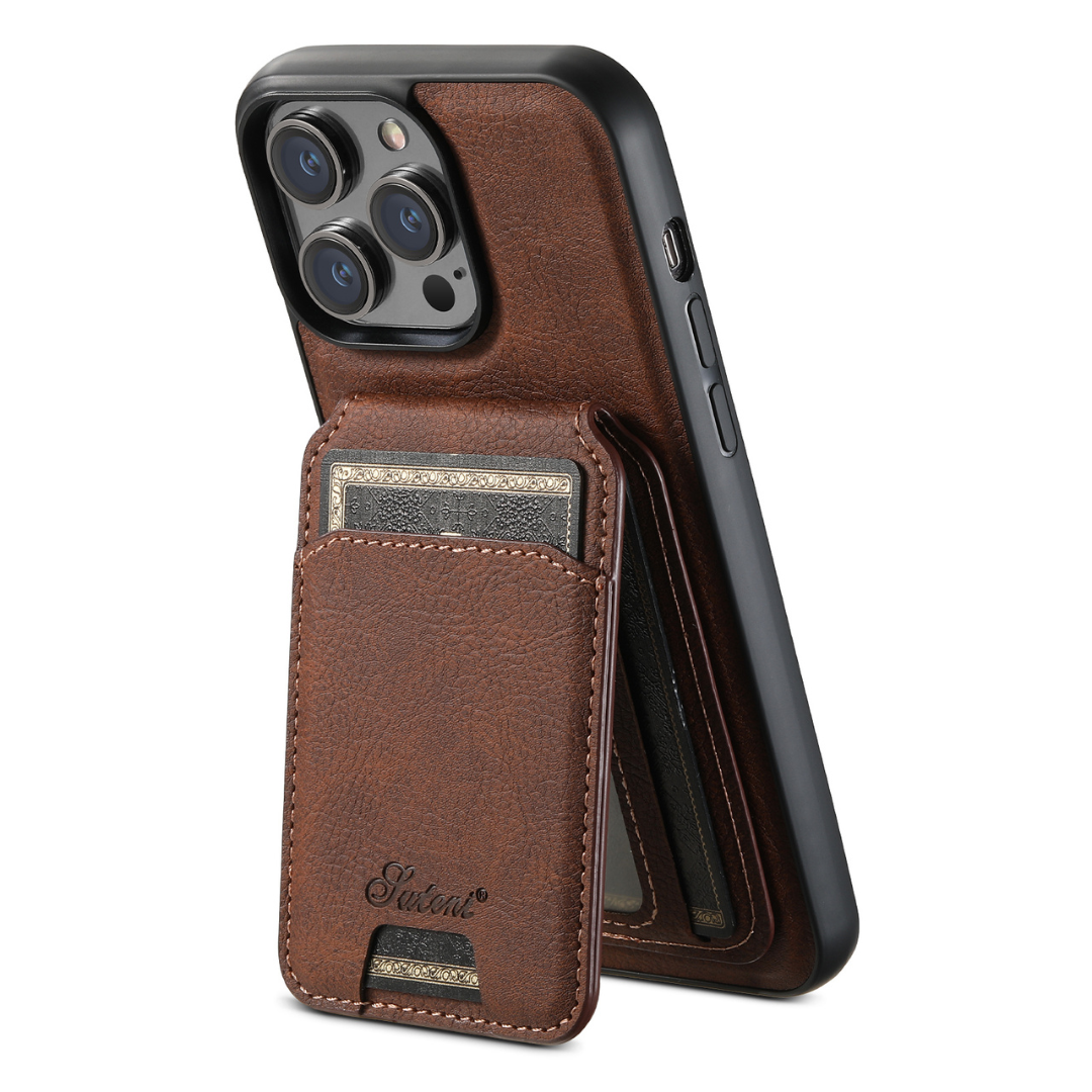 Premium 2-in-1 Leather Wallet & MagSafe iPhone Case-Litchi Wax Brown