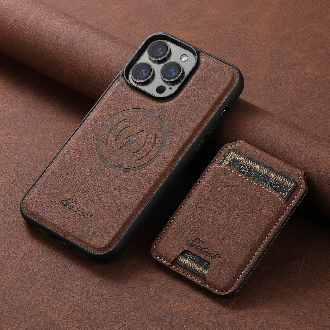 Premium 2-in-1 Leather Wallet & MagSafe iPhone Case-Litchi Wax Brown