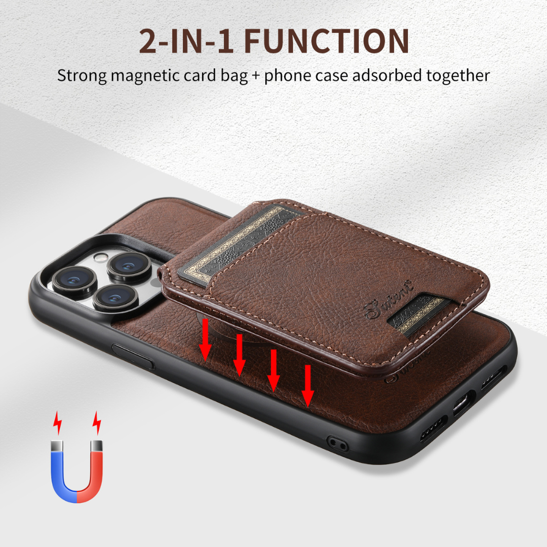 Premium 2-in-1 Leather Wallet & MagSafe iPhone Case-Litchi Wax Brown