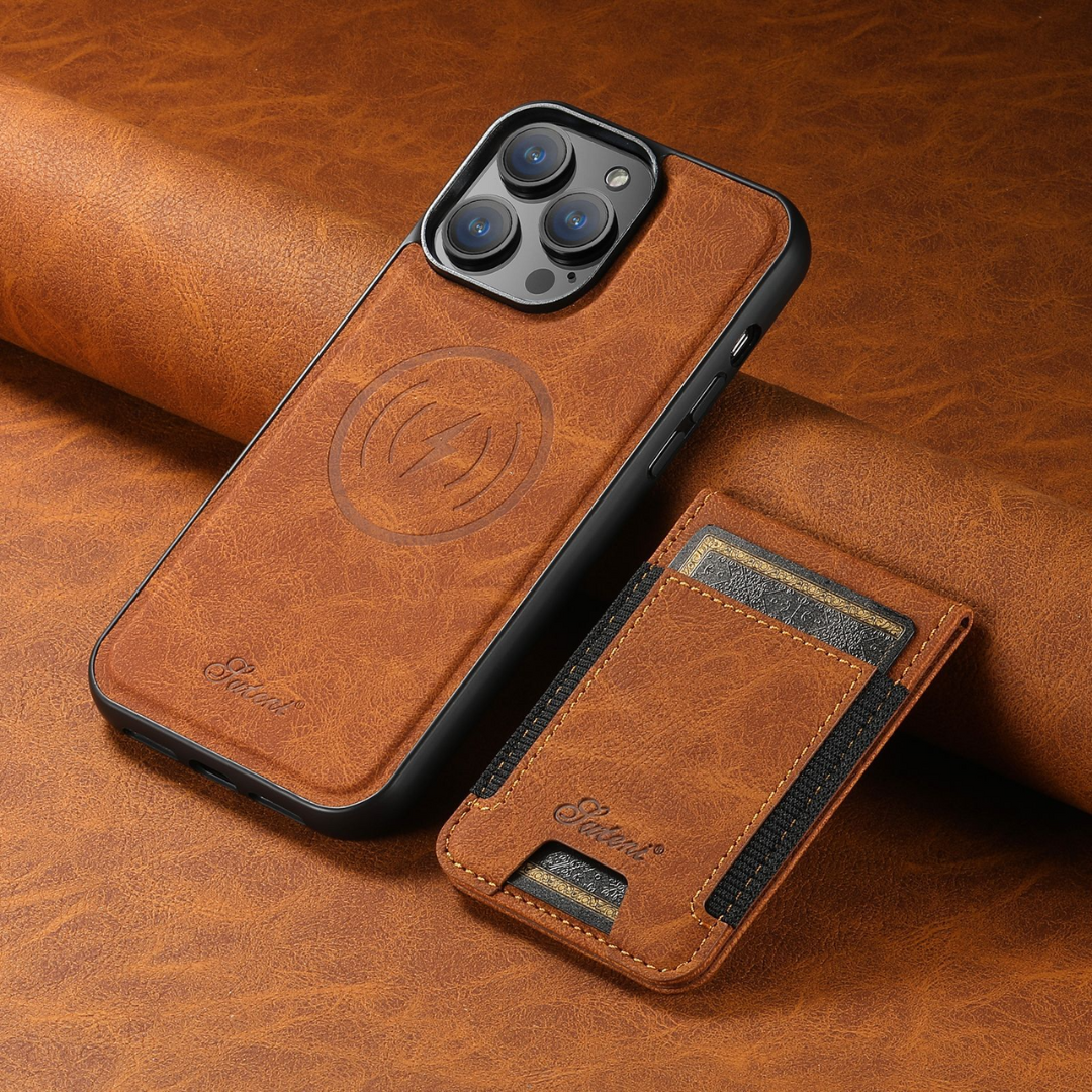 Premium 2-in-1 Leather Wallet & MagSafe iPhone Case-Litchi Wax Brown