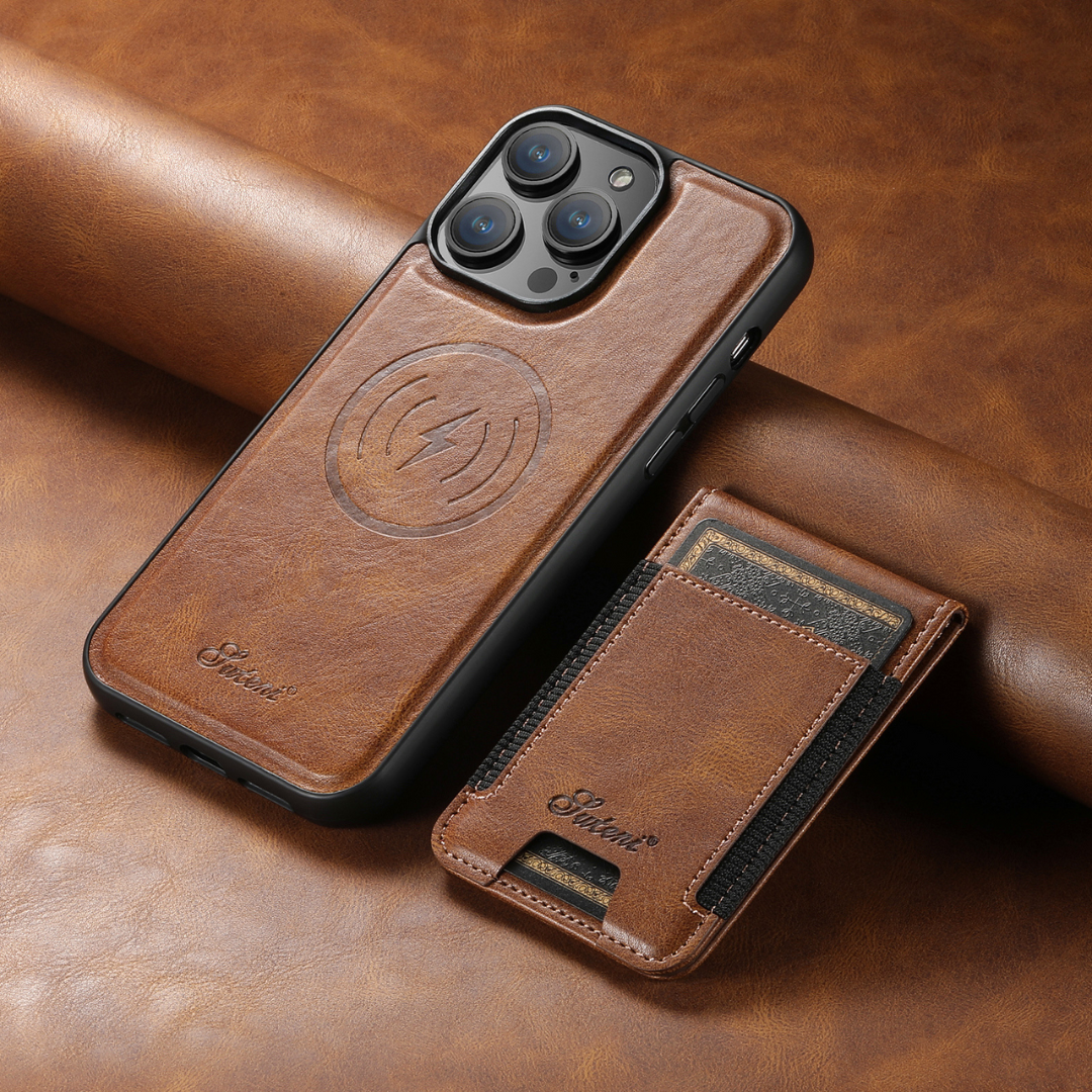 Premium 2-in-1 Leather Wallet & MagSafe iPhone Case-Litchi Wax Brown