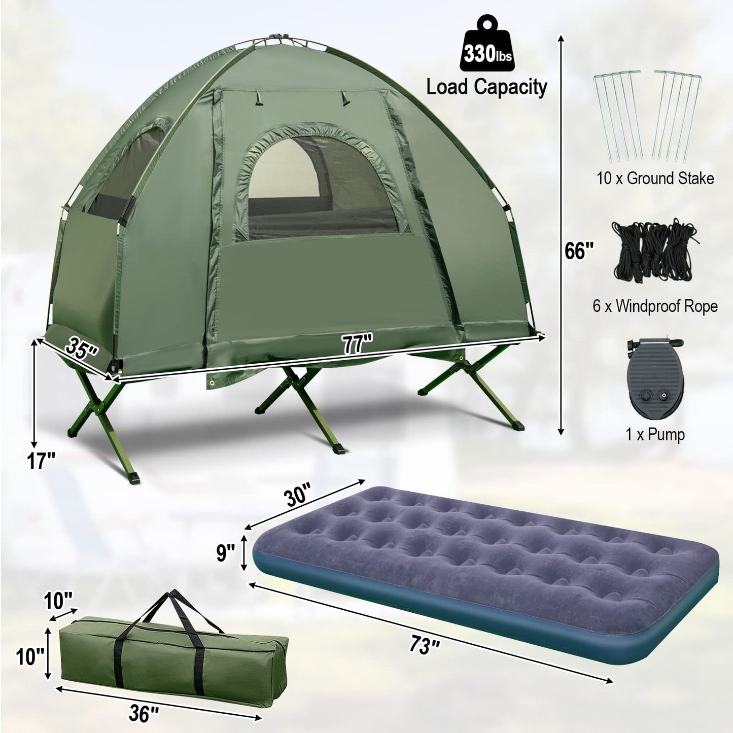 Camping Tent Cot, 5 - in - 1 Folding Camping Bed with Air Mattress, Pillow, Sleeping BagQuantumX Chargers