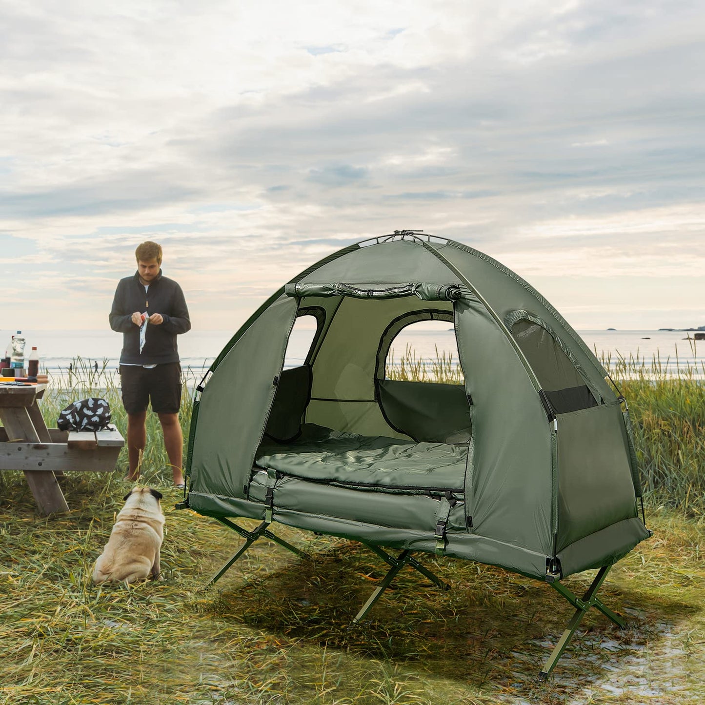 Camping Tent Cot, 5 - in - 1 Folding Camping Bed with Air Mattress, Pillow, Sleeping BagQuantumX Chargers
