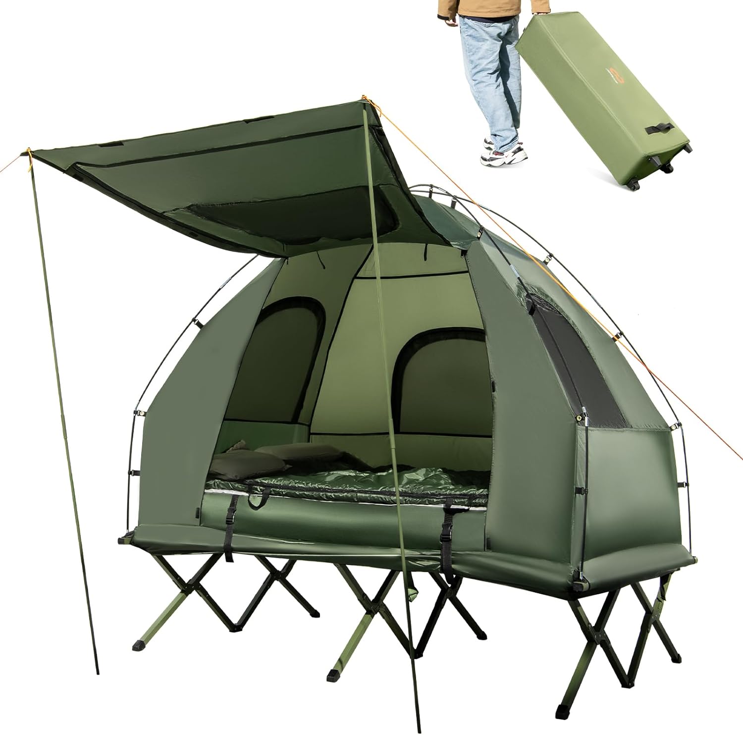 Camping Tent Cot, 5 - in - 1 Folding Camping Bed with Air Mattress, Pillow, Sleeping Bag, Waterproof Elevated Tent ShelterQuantumX Chargers