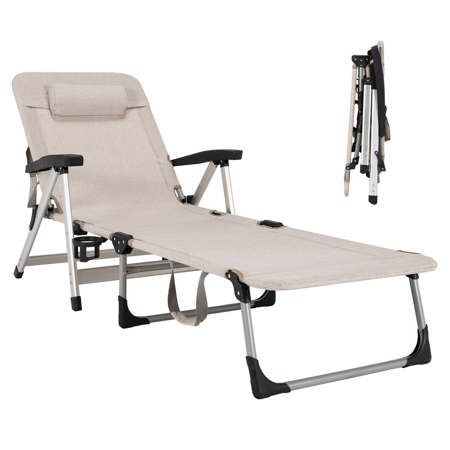 Chaise Lounge Chair, Folding Outdoor Patio Lounger with Cup Holder & Detachable HeadrestQuantumX Chargers