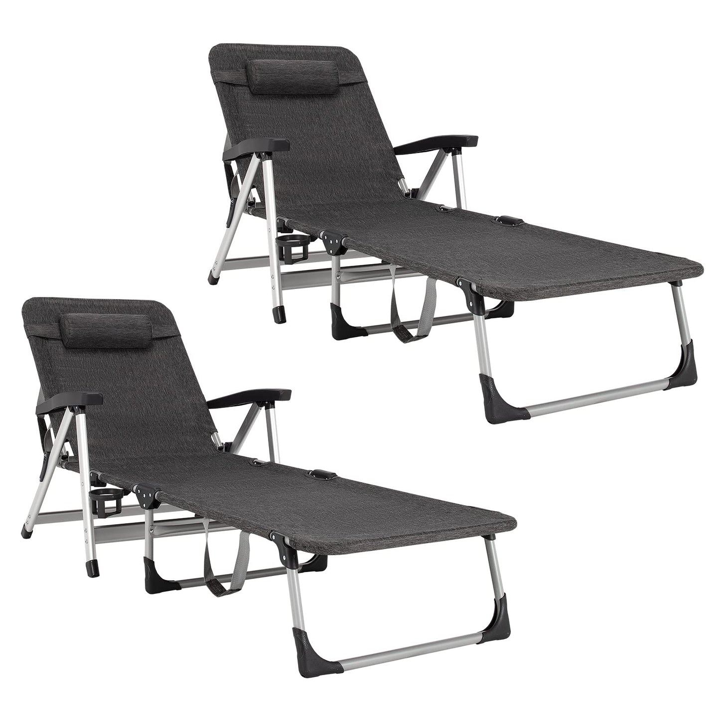 Chaise Lounge Chair, Folding Outdoor Patio Lounger with Cup Holder & Detachable HeadrestQuantumX Chargers
