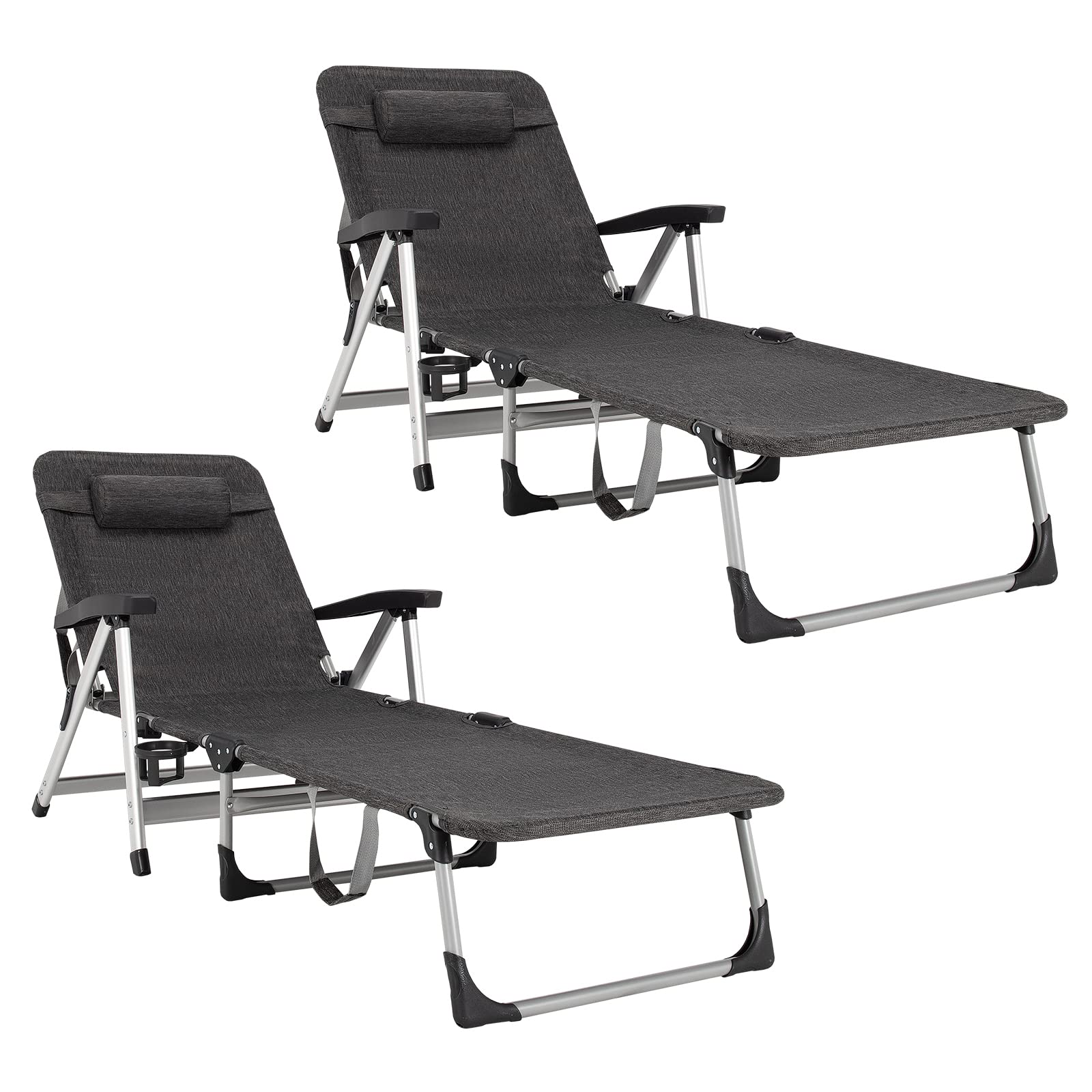 Chaise Lounge Chair, Folding Outdoor Patio Lounger with Cup Holder & Detachable HeadrestQuantumX Chargers