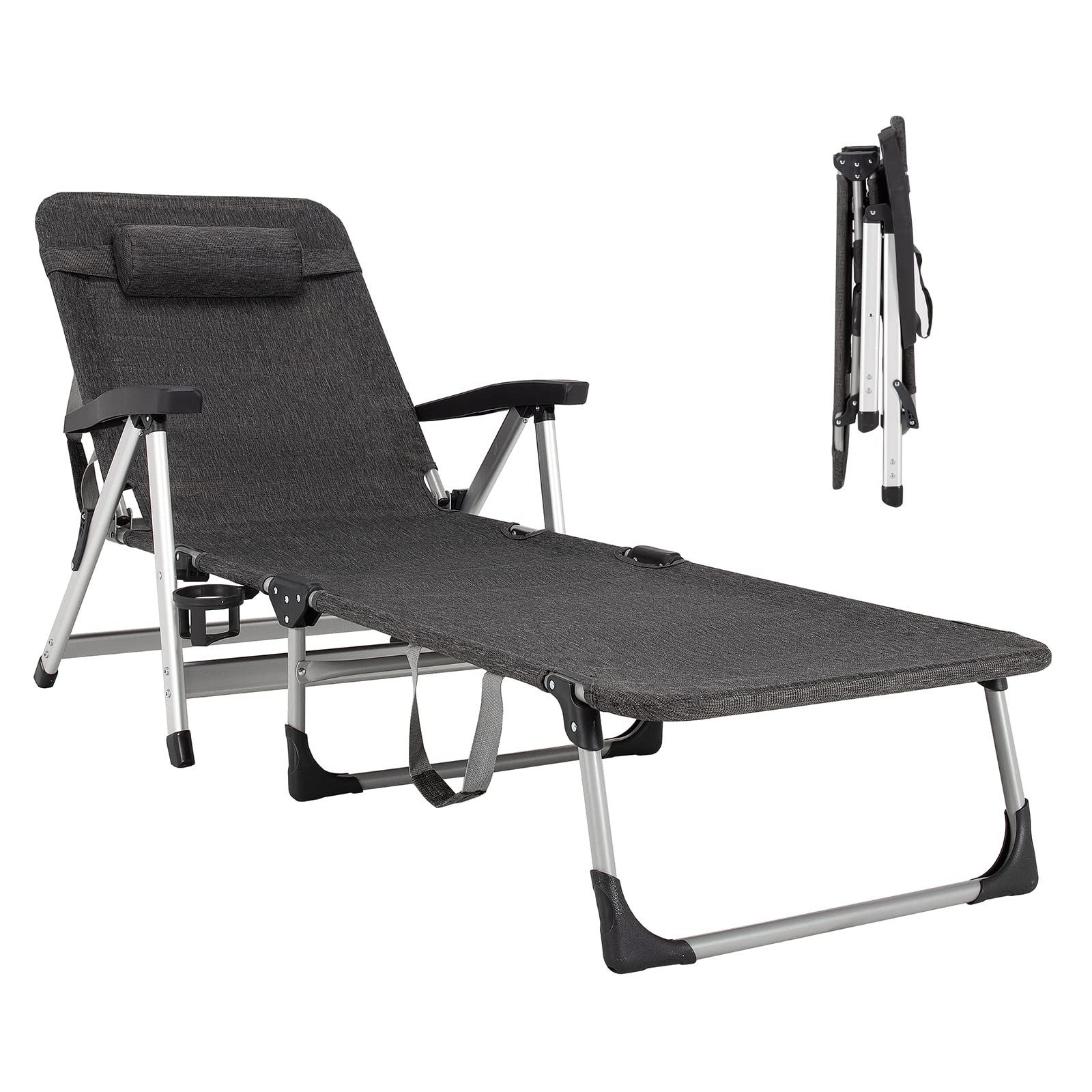 Chaise Lounge Chair, Folding Outdoor Patio Lounger with Cup Holder & Detachable HeadrestQuantumX Chargers