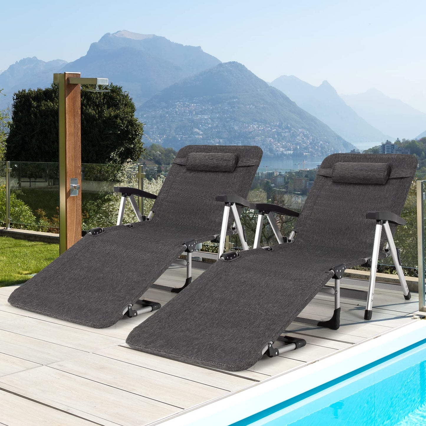 Chaise Lounge Chair, Folding Outdoor Patio Lounger with Cup Holder & Detachable HeadrestQuantumX Chargers