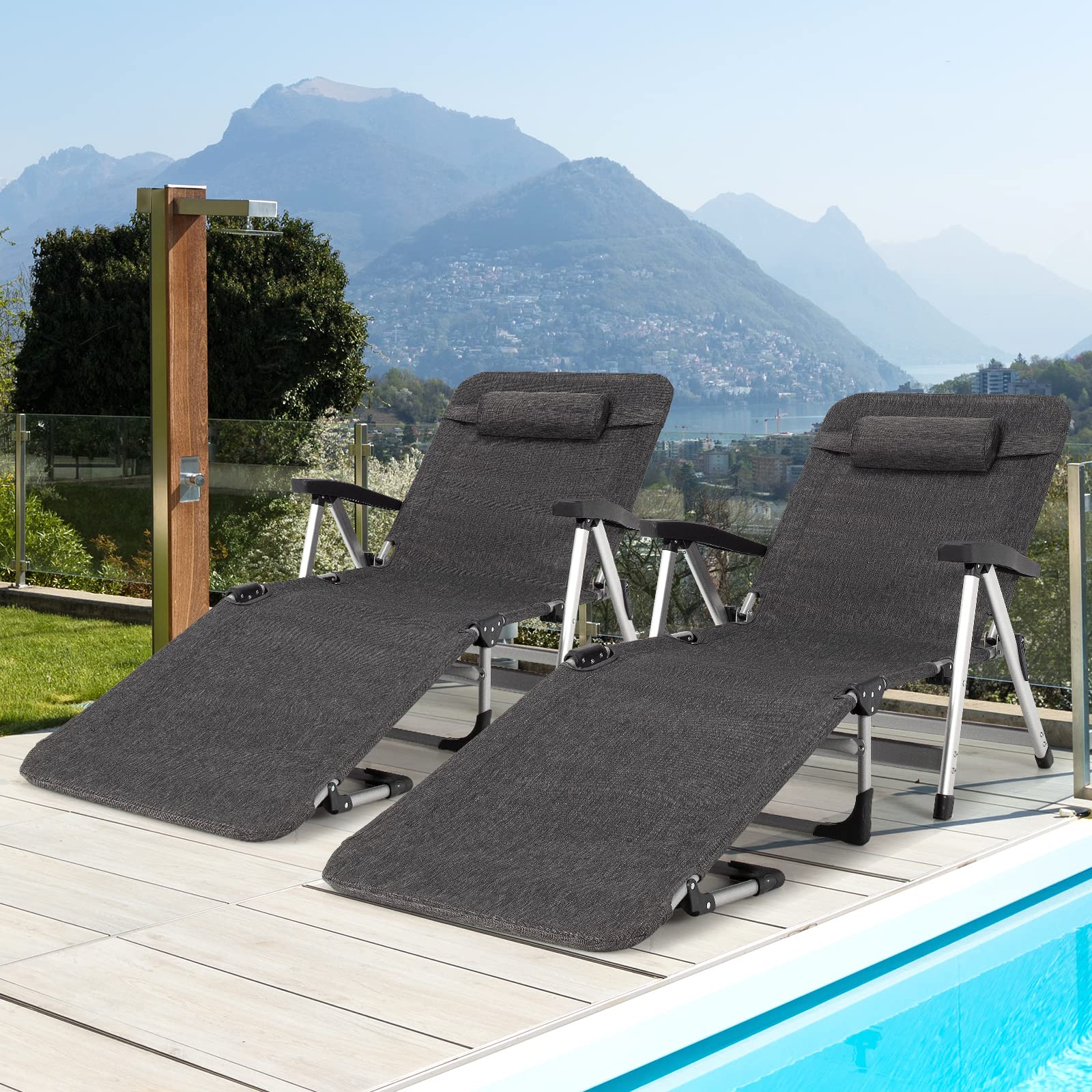 Chaise Lounge Chair, Folding Outdoor Patio Lounger with Cup Holder & Detachable HeadrestQuantumX Chargers
