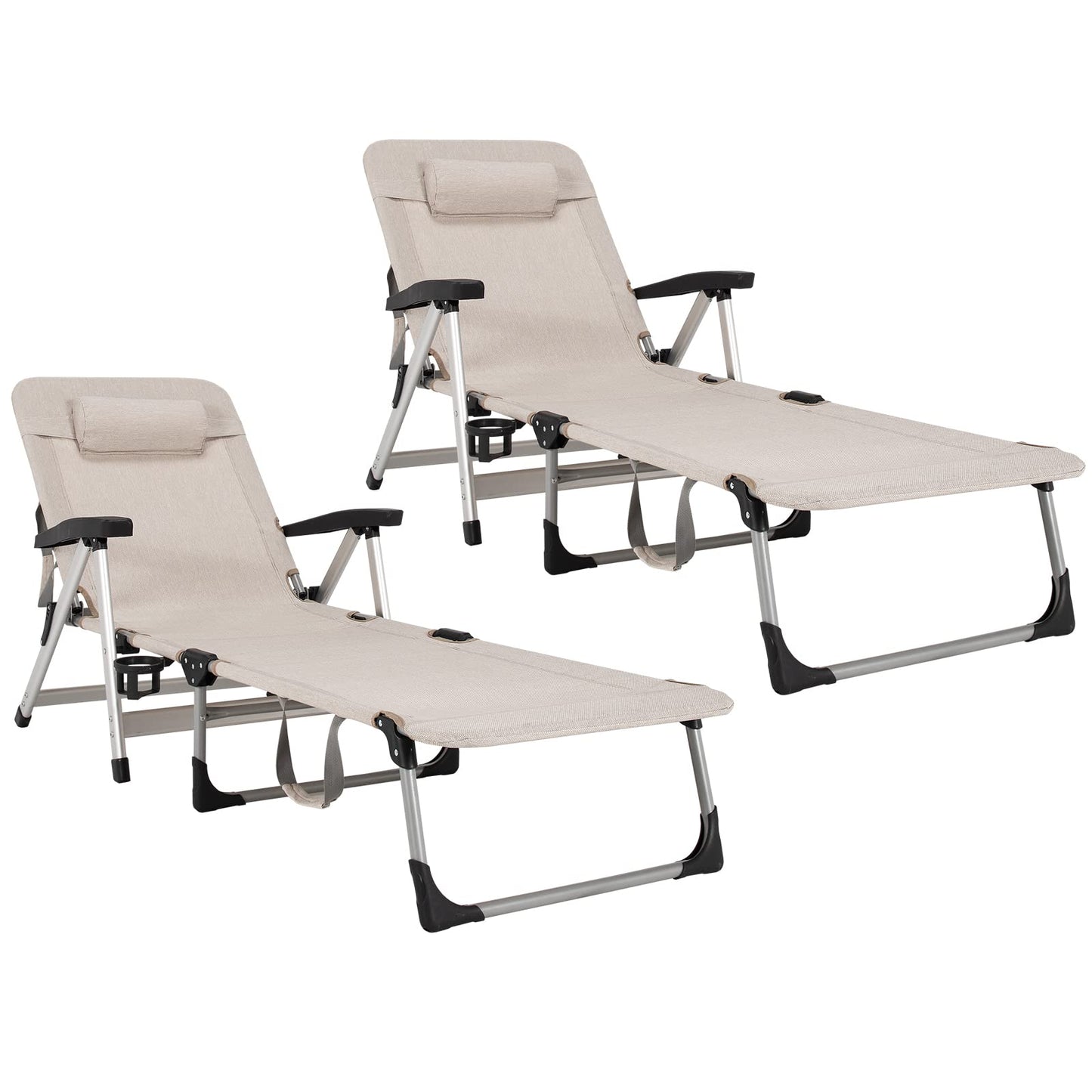 Chaise Lounge Chair, Folding Outdoor Patio Lounger with Cup Holder & Detachable HeadrestQuantumX Chargers