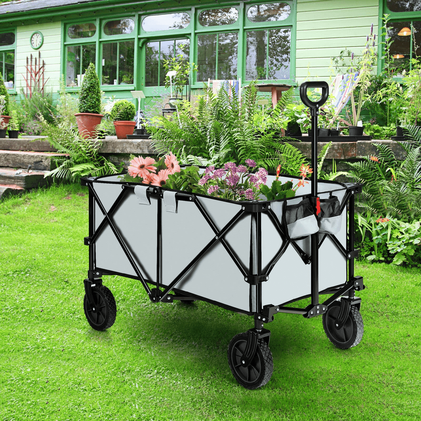 Collapsible Wagon, Folding Utility Wagon Cart w/Universal Wheels & Adjustable Handle & Cover BagQuantumX Chargers