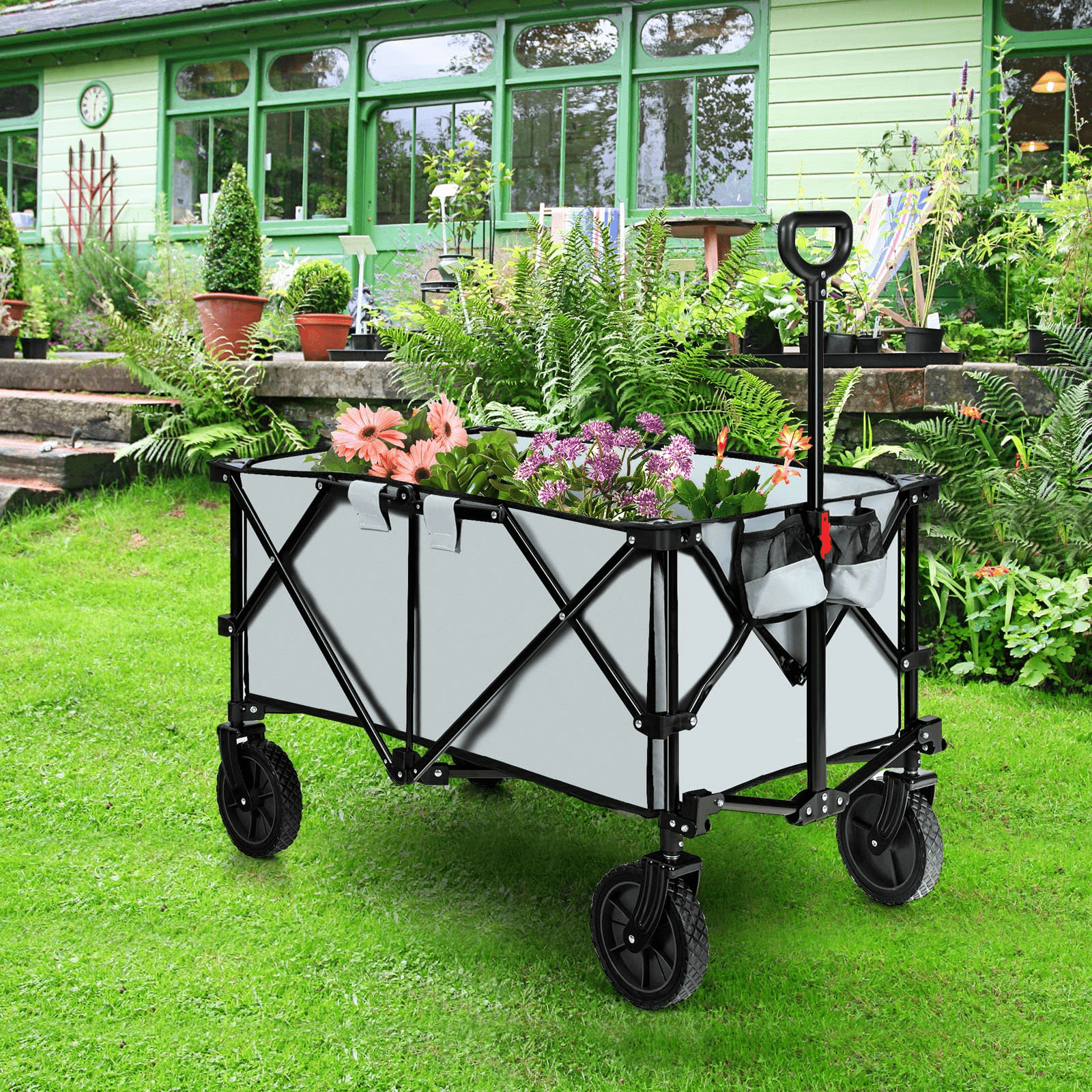 Collapsible Wagon, Folding Utility Wagon Cart w/Universal Wheels & Adjustable Handle & Cover BagQuantumX Chargers
