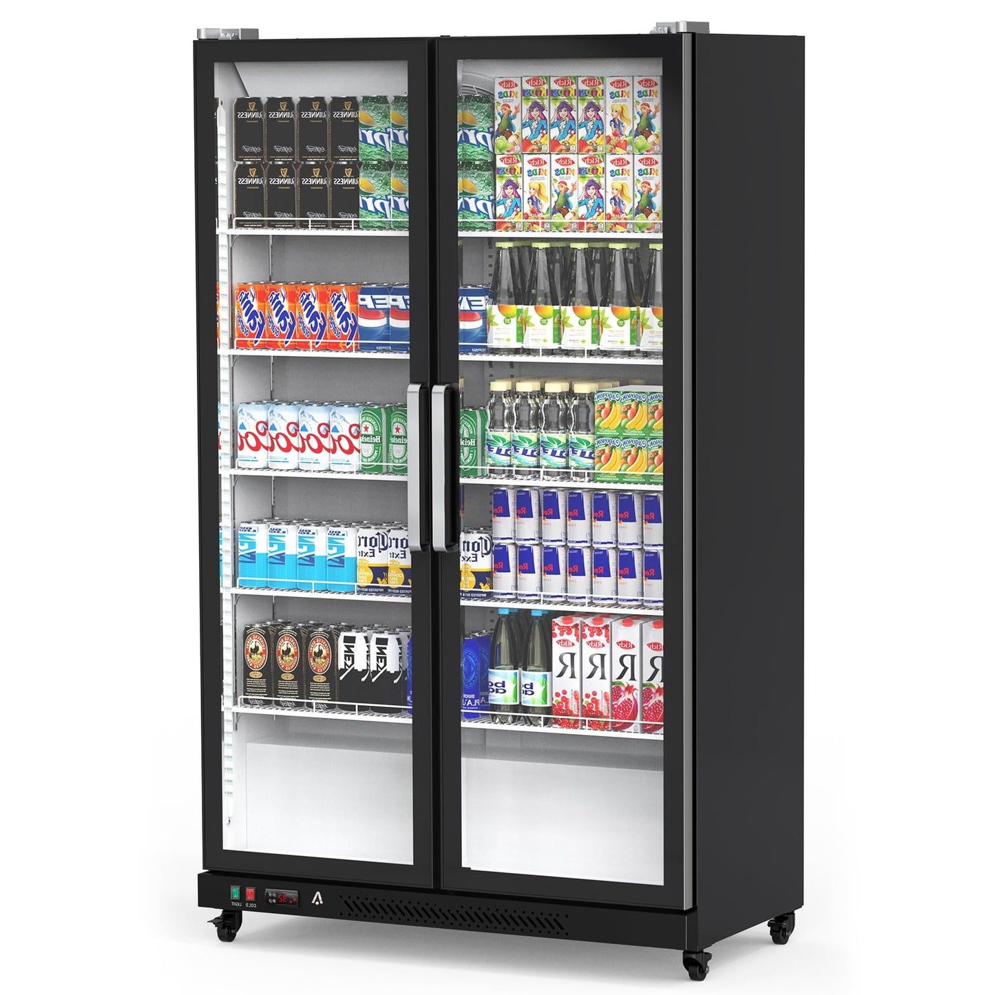 Commercial Refrigerator, Glass Door with LED Lighting Upright Beverage Display Cooler for Home, Store, Gym, or Office, Featuring Double Swing Doors and 39 cu.ftQuantumX Chargers