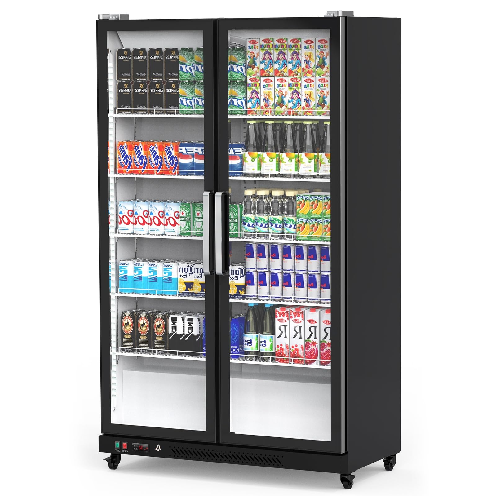 Commercial Refrigerator, Glass Door with LED Lighting Upright Beverage Display Cooler for Home, Store, Gym, or Office, Featuring Double Swing Doors and 39 cu.ftQuantumX Chargers
